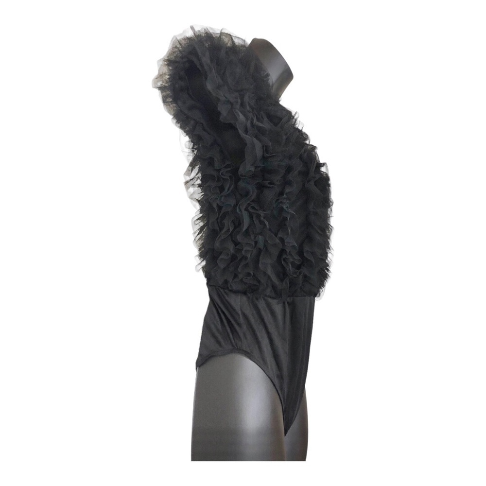 Ruffled Chiffon tulle plunge front black bodysuit size medium brand new - Picture 4 of 16